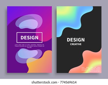 Banners collection with blots and lines as pattern, headlines in frame and text sample below, objects vector illustration isolated on grey background