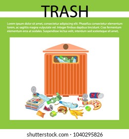 Banners with Collection of garbage and debris. Cardboard and a broken items. Organic dross and metal. Isolated vector illustration