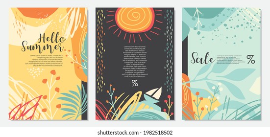 Banners collection for summer sale offers. Abstract document templates with placards and backdrops. Floral artistic summer landscape vector card illustration.