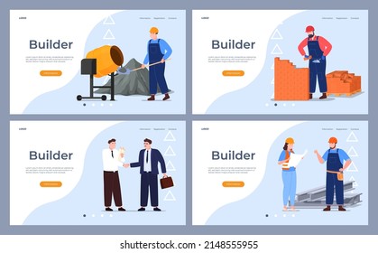 Banners with a construction theme. Builders with a wheelbarrow of a concrete mixer. Architects engineers construction contracts. Construction process. Vector illustration on white background.