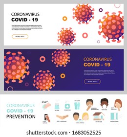 Banners with coronavirus sign and prevention icons set with place for your text