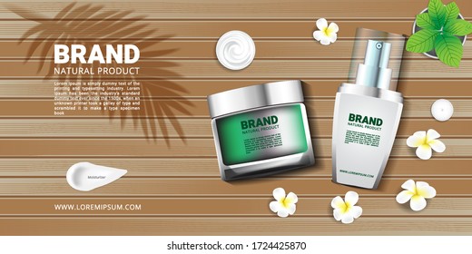 Banners for cosmetics spa products with cream jars spray bottles and flowers