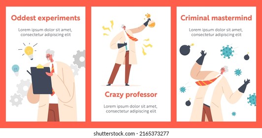 Banners with Crazy Professor Wear Lab Coat and Rubber Gloves. Nuts Doctor Character Run, Conduct Experiment, Evil Laughing, Writing Notes and Explode, Old Funny Scientist Man. Cartoon Vector Posters