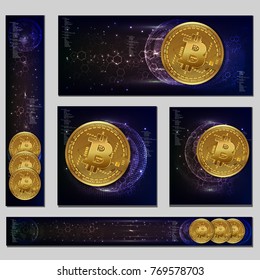 Banners for Cryptocurrency Market, Article, Advertising. Golden Bitcoin. Vector Illustration of Bitcoin Mining Farm
