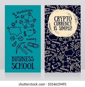 banners for cryptocurrency in sketch style, can be used as business cards for finance school, vector illustration