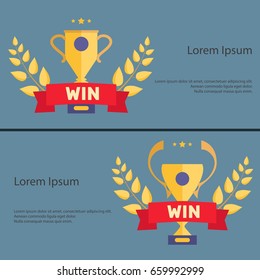 Banners with cups, gold branches and red ribbon, vector flat illustration, template award