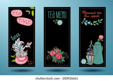 banners with cups, teapots and tea, tea card 