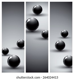 Banners with dark abstract backgrounds with black glass balls.