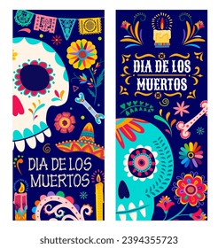 Banners of Day of the Dead Dia De Los Muertos mexican holiday with sugar skulls vector pattern. Cartoon calavera skeletons, flowers and candles, sombrero hats, bones and paper cut papel picado flags