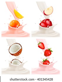 Banners with delicious fruit landing in a milk splash. Vector.