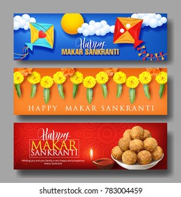 Banners design for Indian harvest festival Makar Sankranti (Pongal). Vector set.