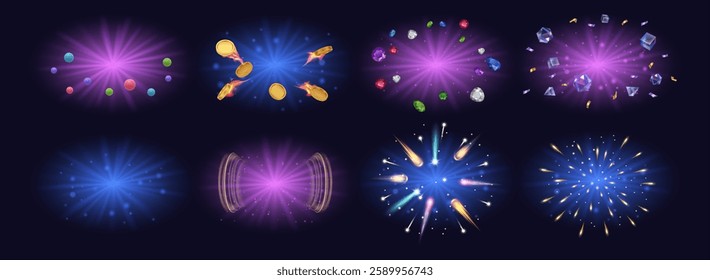 Banners design set, isolated fireworks and shining effect. Vector realistic coins with flames, confetti and diamonds flying. Precious gemstones, copy space for banner or text sparkling light