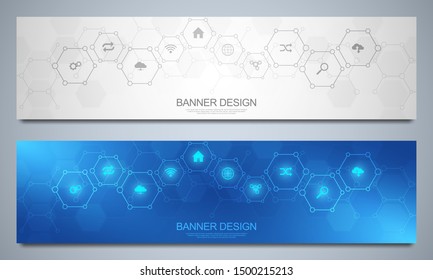 Banners design template with flat icons and symbols. Concept and idea for internet of things, communication background, network, innovation technology, system integration.
