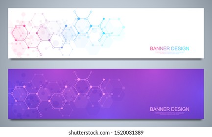 Banners design template and headers for site with molecular structures. Abstract vector background. Science, medicine and innovation technology concept. Decoration website and other ideas