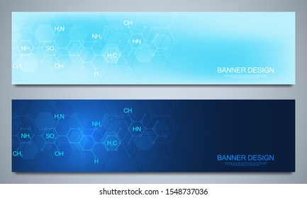 Banners design template and headers for site with abstract chemistry background and chemical formulas. Science and innovation technology concept. Decoration website and other ideas