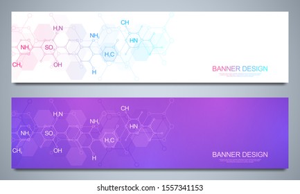 Banners design template and headers for site with abstract chemistry background and chemical formulas. Science and innovation technology concept. Decoration website and other ideas