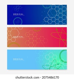 Banners design template and headers for site with molecular structures. Abstract medical vector background. Science, medicine and innovation technology concept. Decoration website and other ideas.
