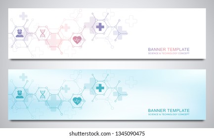 Banners design template for healthcare and medical decoration with flat icons and symbols. Science, medicine and innovation technology concept