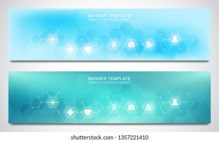 Banners design template for healthcare and medical decoration with flat icons and symbols. Science, medicine and innovation technology concept