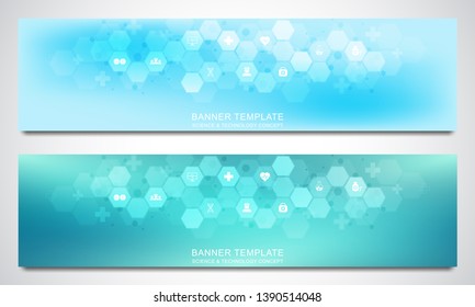 Banners design template for healthcare and medical decoration with flat icons and symbols. Science, medicine and innovation technology concept