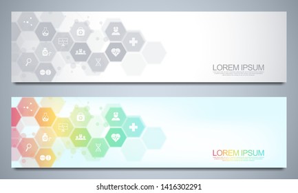 Banners design template for healthcare and medical decoration with flat icons and symbols. Science, medicine and innovation technology concept