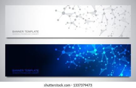 Banners design template with molecular structures and neural network. Abstract molecules and genetic engineering background. Science and innovation technology concept