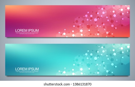 Banners design template with molecular structures and neural network. Abstract molecules and genetic engineering background. Science and innovation technology concept