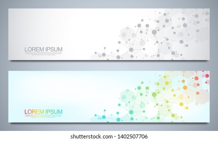 Banners design template with molecular structures and neural network. Abstract molecules and genetic engineering background. Science and innovation technology concept