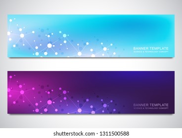 Banners design template with molecules background and neural network. Science and technology background of genetic engineering or laboratory research