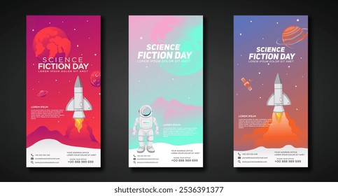 Banners design template for National Science Fiction Day. Immerse in futuristic visuals with this captivating vector illustration for Sci-Fi Celebration