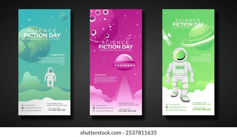 Banners design template for National Science Fiction Day. Immerse in futuristic visuals with this captivating vector illustration for Sci-Fi Celebration