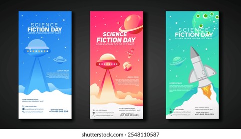 Banners design template for National Science Fiction Day. Immerse in futuristic visuals with this captivating vector illustration for Sci-Fi Celebration