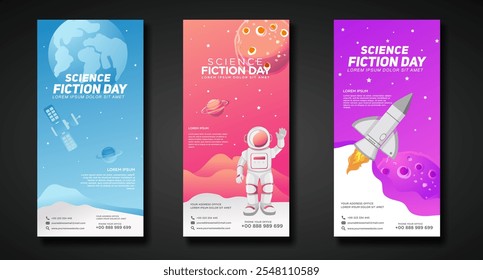 Banners design template for National Science Fiction Day. Immerse in futuristic visuals with this captivating vector illustration for Sci-Fi Celebration