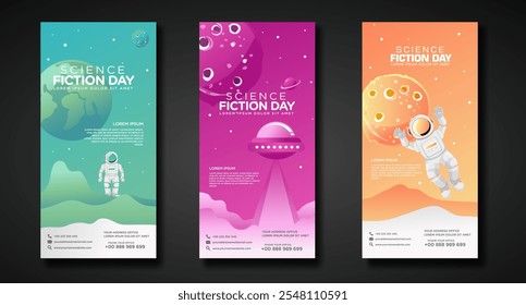 Banners design template for National Science Fiction Day. Immerse in futuristic visuals with this captivating vector illustration for Sci-Fi Celebration