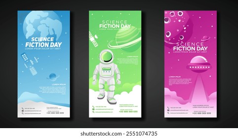 Banners design template for National Science Fiction Day. Immerse in futuristic visuals with this captivating vector illustration for Sci-Fi Celebration