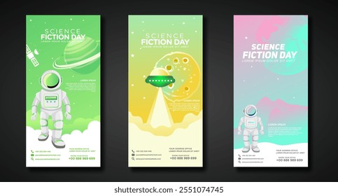 Banners design template for National Science Fiction Day. Immerse in futuristic visuals with this captivating vector illustration for Sci-Fi Celebration