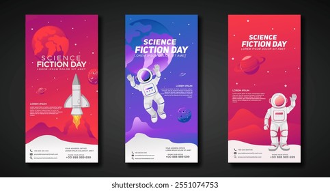 Banners design template for National Science Fiction Day. Immerse in futuristic visuals with this captivating vector illustration for Sci-Fi Celebration