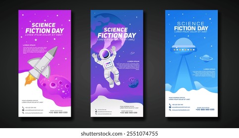 Banners design template for National Science Fiction Day. Immerse in futuristic visuals with this captivating vector illustration for Sci-Fi Celebration