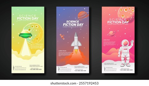 Banners design template for National Science Fiction Day. Immerse in futuristic visuals with this captivating vector illustration for Sci-Fi Celebration