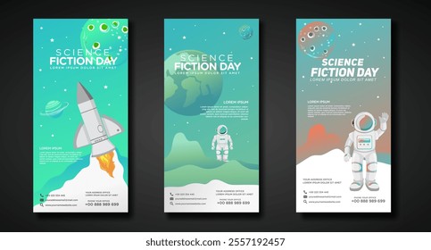 Banners design template for National Science Fiction Day. Immerse in futuristic visuals with this captivating vector illustration for Sci-Fi Celebration