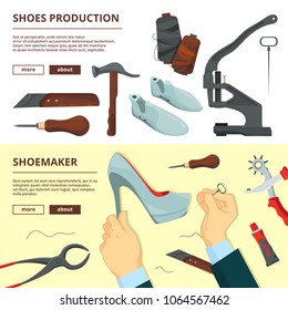 Banners design template with shoe repair tools. Shoemaker tools, footwear and hammer, repairman craftsmanship, vector illustration