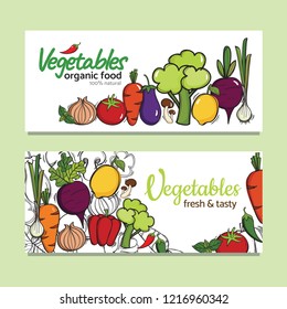 Banners design with vector organic  vegetables. Creative concept healthy food.  