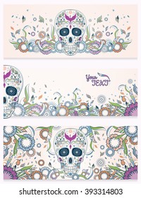 Banners of Dia de Muertos sugar skull with ornate on an abstract floral ornamental spring background. Day of The Dead
