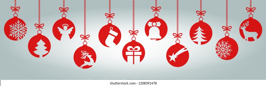 Banners from different Christmas balls. Christmas symbol icons hanging, Merry Christmas, Happy New Year – vector