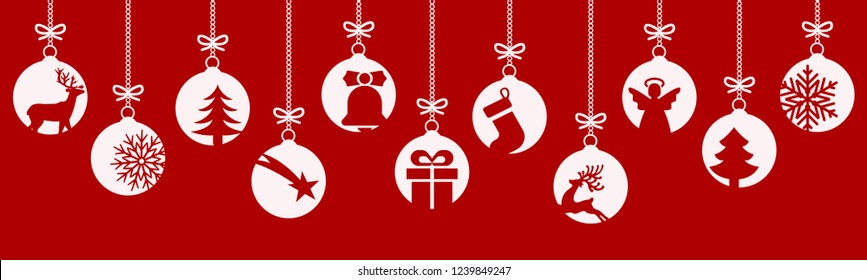 Banners from different Christmas balls. Christmas symbol icons hanging, Merry Christmas, Happy New Year – for stock