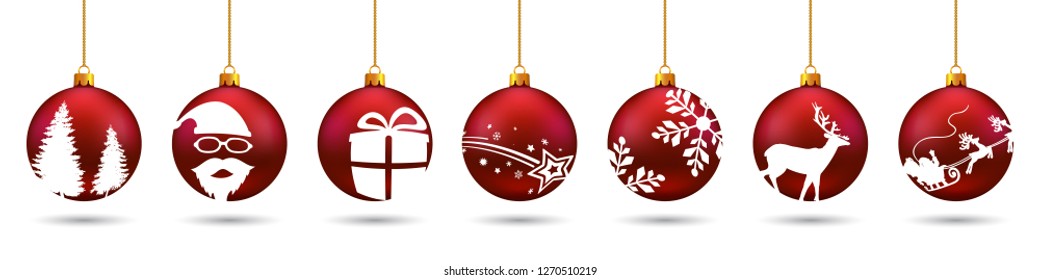 Banners from different red Christmas balls. Christmas symbol icons hanging, Merry Christmas, Happy New Year – for stock