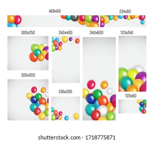 Banners de diferentes tamaños con conjunto de colecciones de globos. Antecedentes de afiches de cumpleaños festivos y felices. Ilustración del vector EPS10