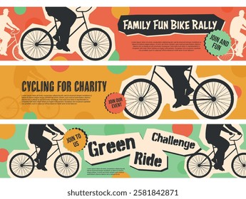 Banners display information about cycling events, featuring activities like family bike rallies and charity rides. The vibrant designs invite participation and emphasize community fun.