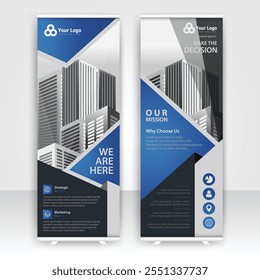 Banners displaying architectural concepts and strategic decision-making in a modern business environment