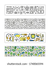 Banners with doodle education, e-learning icons including computer, phone, ruler, globe, divider, lamp, headphones, calculator, hourglass, book, etc isolated on white background.